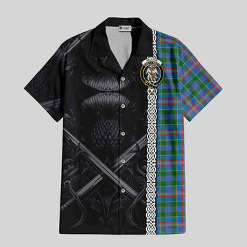 Ralston Tartan Short Sleeve Button Shirt with Family Crest Cross Sword Thistle Celtic Vibes