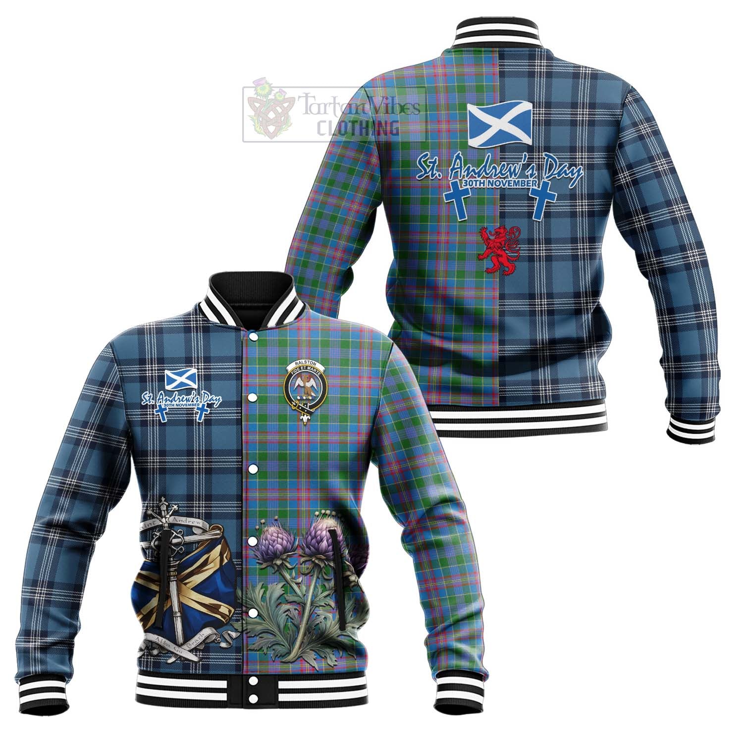 Tartan Vibes Clothing Ralston Tartan Baseball Jacket Happy St. Andrew's Day Half Tartan Style