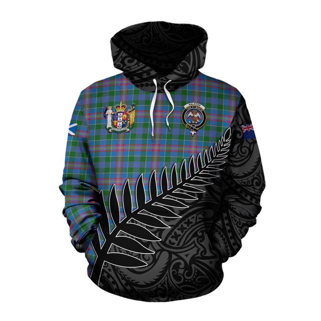 Tartan Vibes Clothing Ralston Crest Tartan Cotton Hoodie with New Zealand Silver Fern Half Style