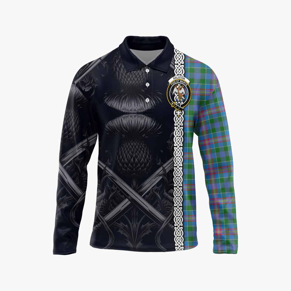 Tartan Vibes Clothing Ralston Tartan Long Sleeve Polo Shirt with Family Crest Cross Sword Thistle Celtic Vibes