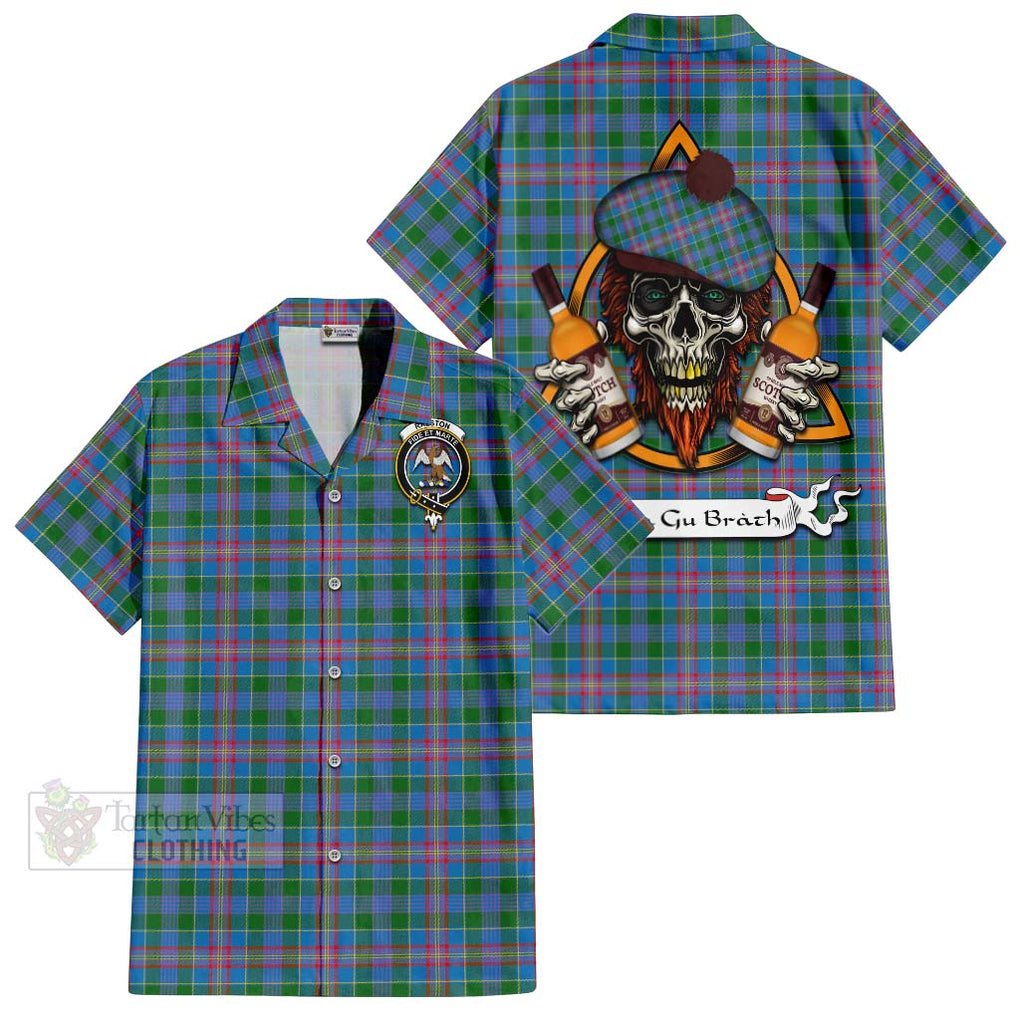 Tartan Vibes Clothing Ralston Tartan Short Sleeve Button Shirt with Family Crest and Bearded Skull Holding Bottles of Whiskey