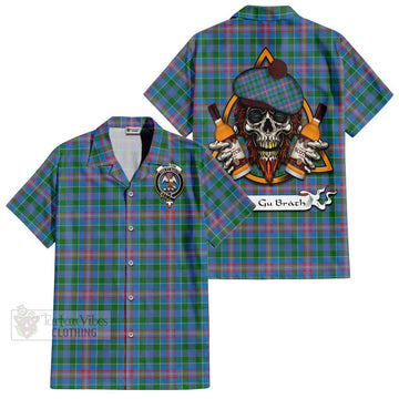 Ralston Tartan Short Sleeve Button Shirt with Family Crest and Bearded Skull Holding Bottles of Whiskey