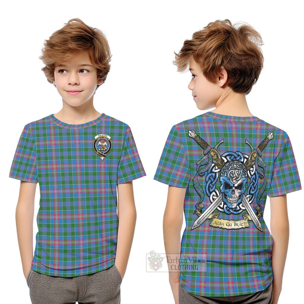 Tartan Vibes Clothing Ralston Tartan Kid T-Shirt with Family Crest Celtic Skull Style