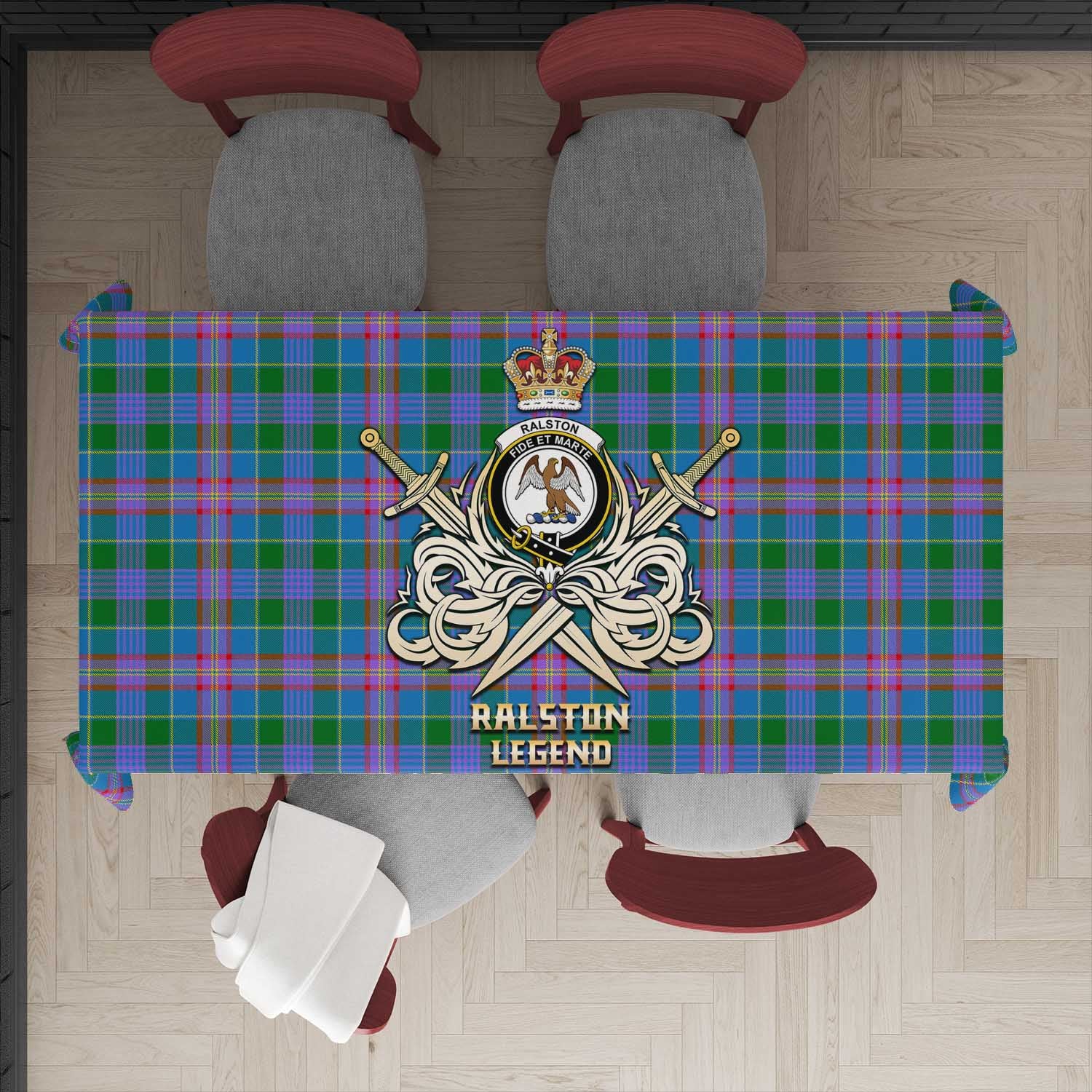 Tartan Vibes Clothing Ralston Tartan Tablecloth with Clan Crest and the Golden Sword of Courageous Legacy