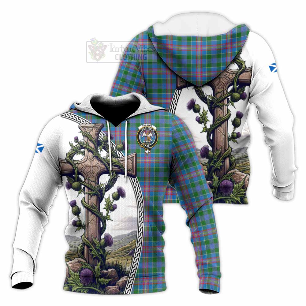 Tartan Vibes Clothing Ralston Tartan Knitted Hoodie with Family Crest and St. Andrew's Cross Accented by Thistle Vines