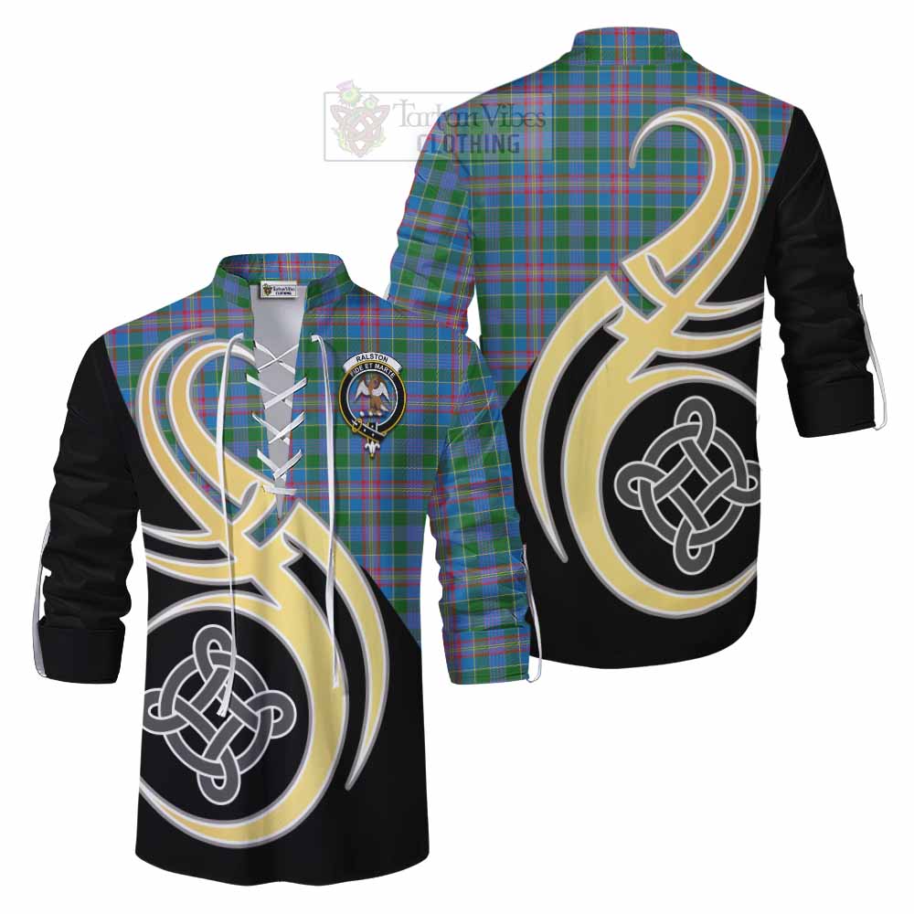 Tartan Vibes Clothing Ralston Tartan Ghillie Kilt Shirt with Family Crest and Celtic Symbol Style