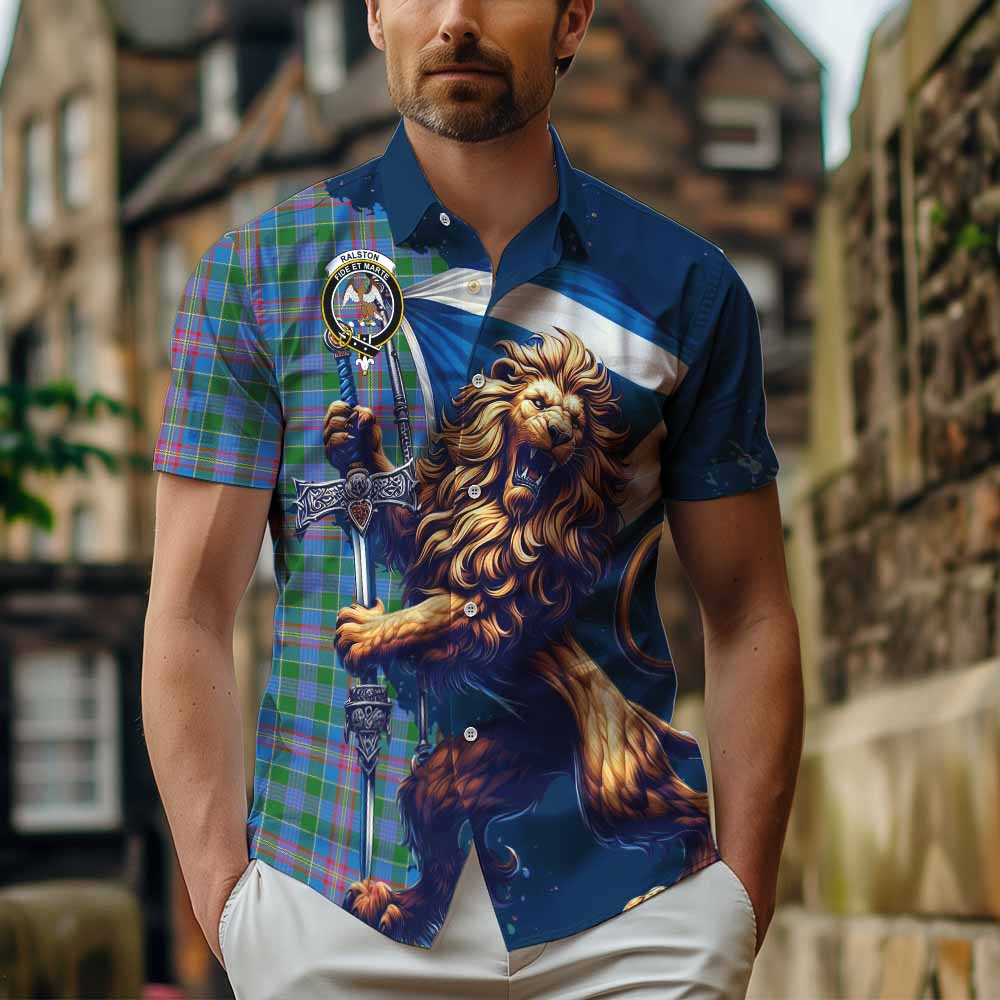 Tartan Vibes Clothing Ralston Tartan Family Crest Short Sleeve Button Shirt with Scottish Majestic Lion