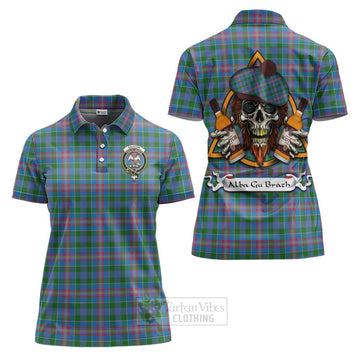 Ralston Tartan Women's Polo Shirt with Family Crest and Bearded Skull Holding Bottles of Whiskey