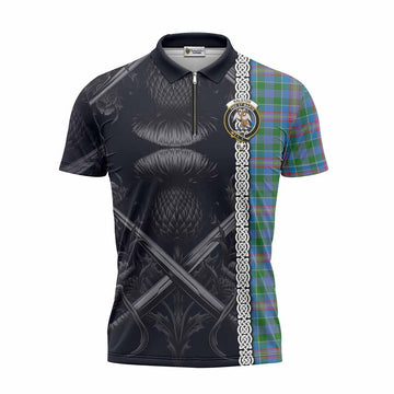 Ralston Tartan Zipper Polo Shirt with Family Crest Cross Sword Thistle Celtic Vibes