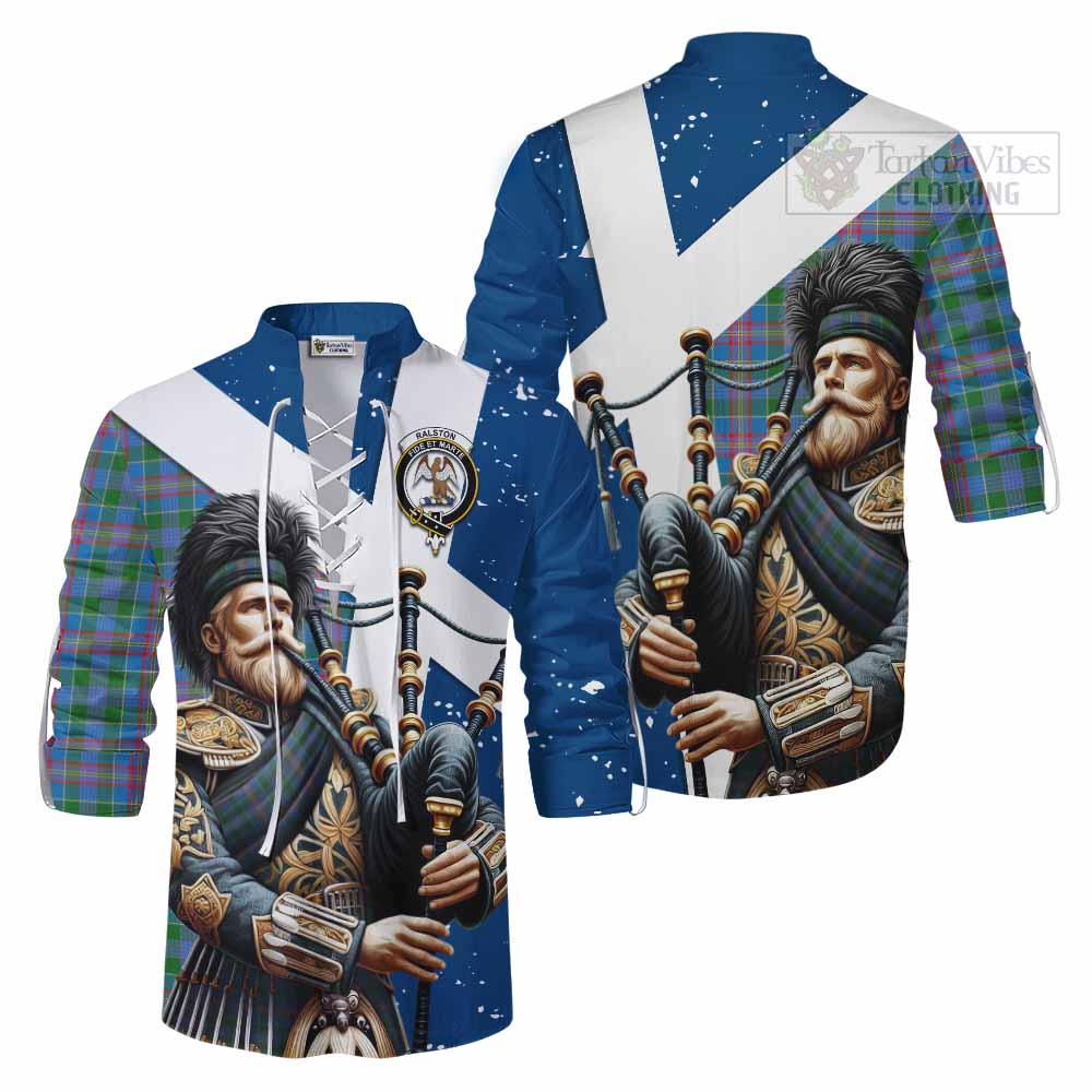 Tartan Vibes Clothing Ralston Tartan Ghillie Kilt Shirt with Family Crest Scottish Bagpiper Vibes