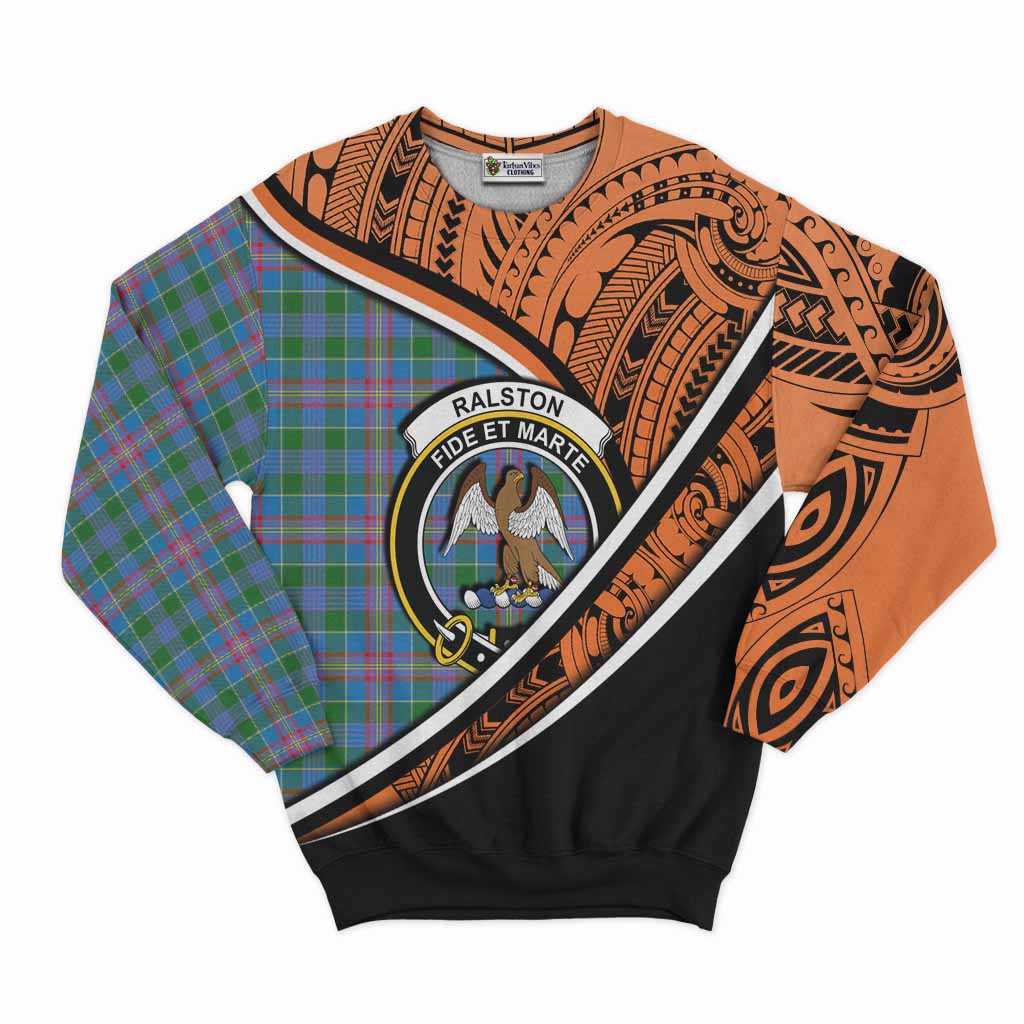 Tartan Vibes Clothing Ralston Crest Tartan Sweatshirt with Maori Tattoo Style - Orange Version