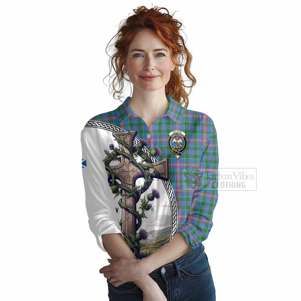 Tartan Vibes Clothing Ralston Tartan Women's Casual Shirt with Family Crest and St. Andrew's Cross Accented by Thistle Vines