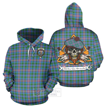 Ralston Tartan Hoodie with Family Crest and Bearded Skull Holding Bottles of Whiskey