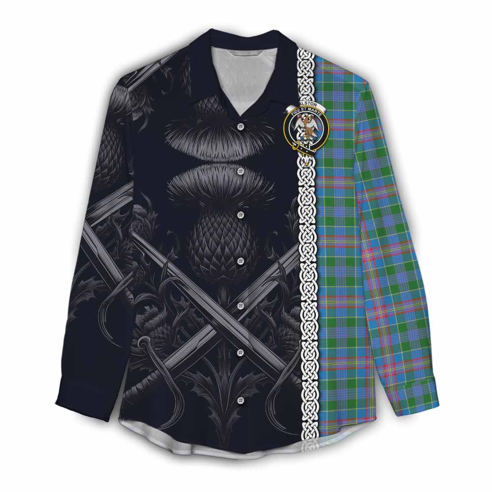 Tartan Vibes Clothing Ralston Tartan Women's Casual Shirt with Family Crest Cross Sword Thistle Celtic Vibes