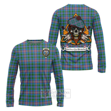 Ralston Tartan Long Sleeve T-Shirt with Family Crest and Bearded Skull Holding Bottles of Whiskey