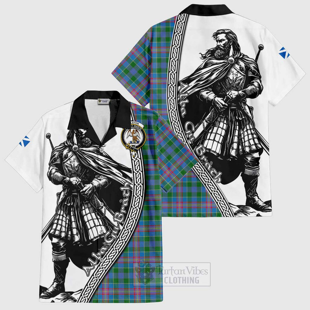 Tartan Vibes Clothing Ralston Tartan Clan Crest Short Sleeve Button Shirt with Highlander Warrior Celtic Style