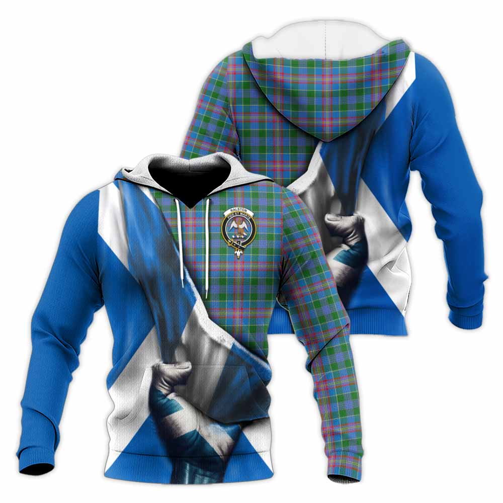 Tartan Vibes Clothing Ralston Tartan Knitted Hoodie with Family Crest Scotland Patriotic Style