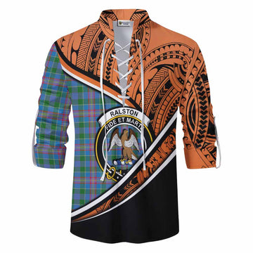 Ralston Crest Tartan Ghillie Kilt Shirt with Polynesian Vibes Style - Orange Version