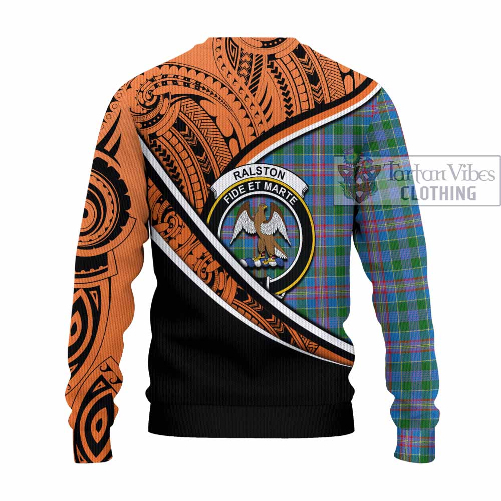 Tartan Vibes Clothing Ralston Crest Tartan Knitted Sweater with Maori Tattoo Style - Orange Version