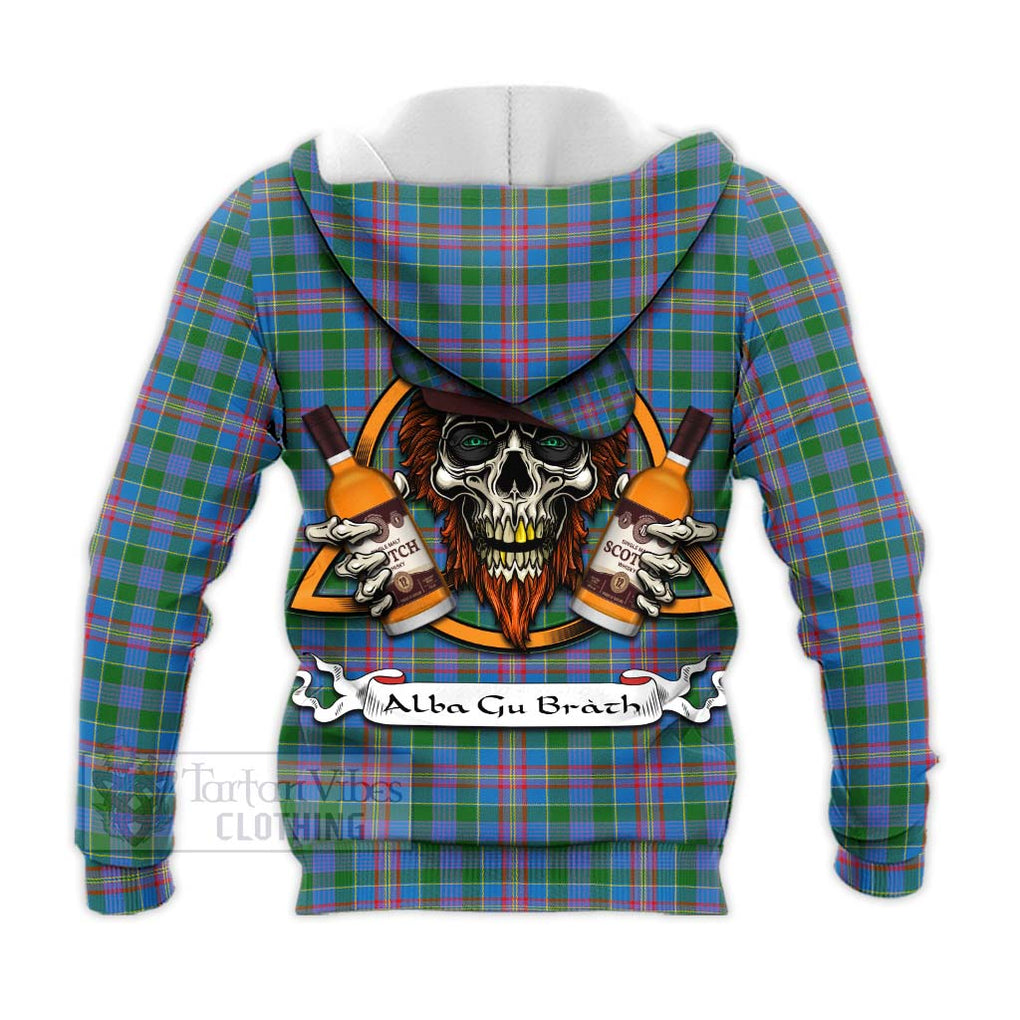 Tartan Vibes Clothing Ralston Tartan Knitted Hoodie with Family Crest and Bearded Skull Holding Bottles of Whiskey