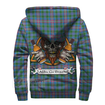 Ralston Tartan Sherpa Hoodie with Family Crest and Bearded Skull Holding Bottles of Whiskey