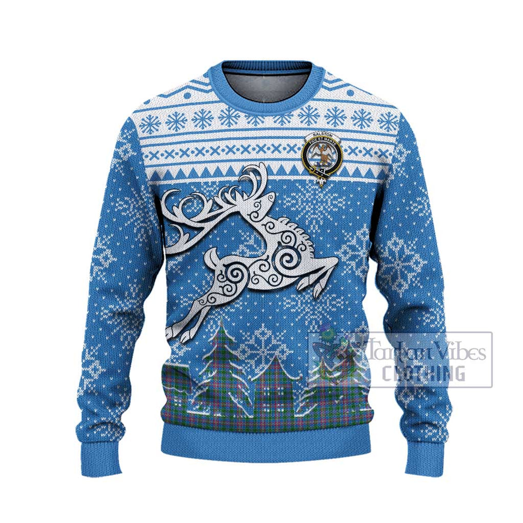 Tartan Vibes Clothing Ralston Clan Christmas Ugly Sweater with Tartan and Celtic Raindeer Style