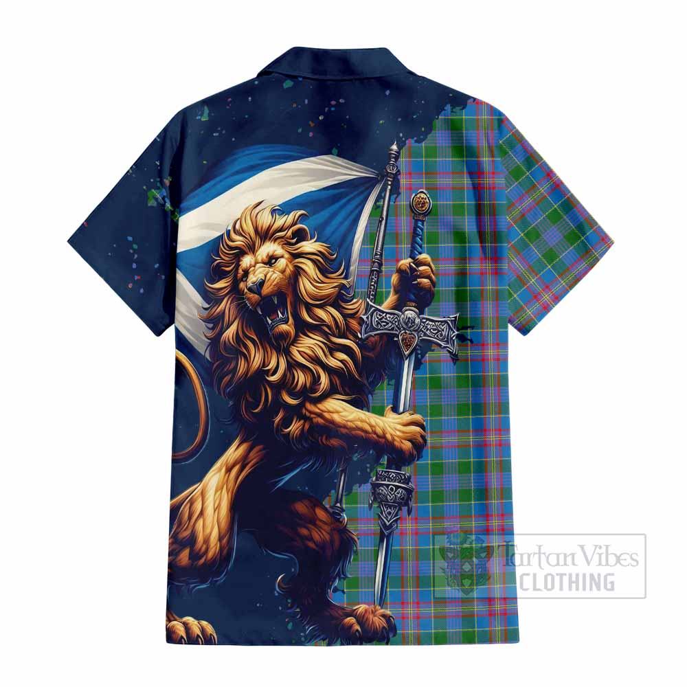 Tartan Vibes Clothing Ralston Tartan Family Crest Short Sleeve Button Shirt with Scottish Majestic Lion