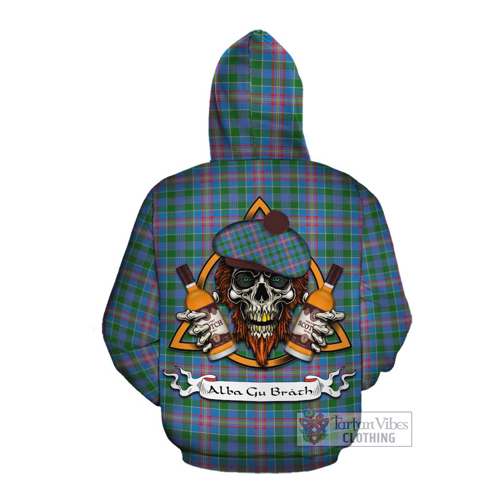 Tartan Vibes Clothing Ralston Tartan Cotton Hoodie with Family Crest and Bearded Skull Holding Bottles of Whiskey