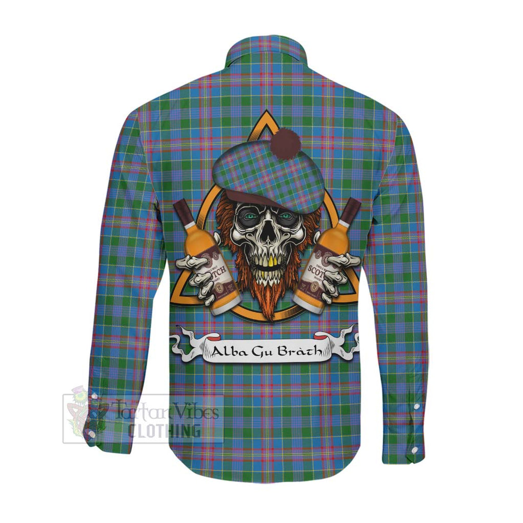 Tartan Vibes Clothing Ralston Tartan Long Sleeve Button Shirt with Family Crest and Bearded Skull Holding Bottles of Whiskey