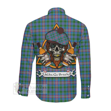 Ralston Tartan Long Sleeve Button Shirt with Family Crest and Bearded Skull Holding Bottles of Whiskey