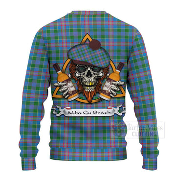 Ralston Tartan Ugly Sweater with Family Crest and Bearded Skull Holding Bottles of Whiskey