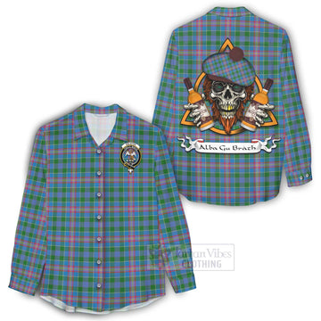 Ralston Tartan Women's Casual Shirt with Family Crest and Bearded Skull Holding Bottles of Whiskey