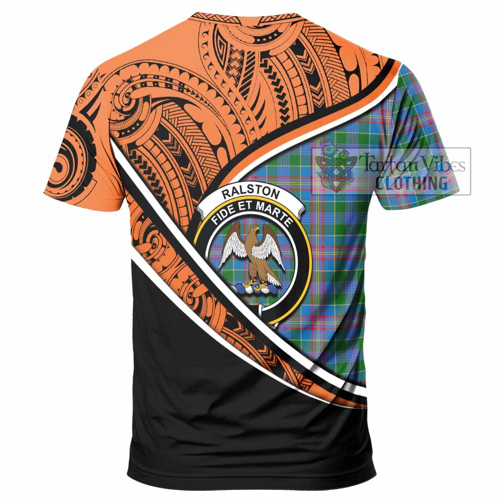 Tartan Vibes Clothing Ralston Crest Tartan T-Shirt with Maori Tattoo Style - Orange Version