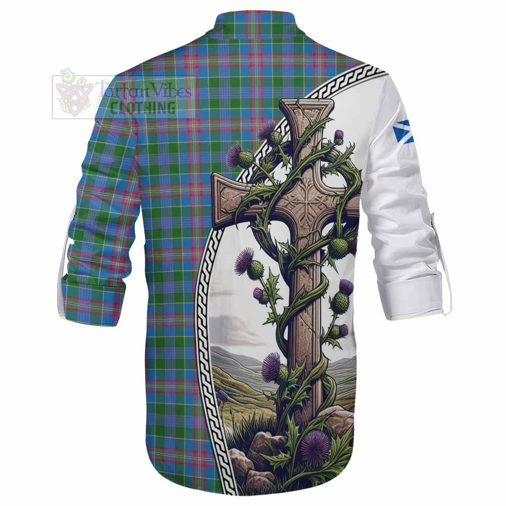 Tartan Vibes Clothing Ralston Tartan Ghillie Kilt Shirt with Family Crest and St. Andrew's Cross Accented by Thistle Vines