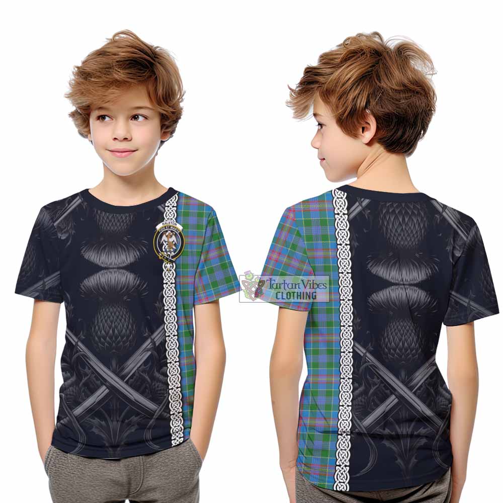 Tartan Vibes Clothing Ralston Tartan Kid T-Shirt with Family Crest Cross Sword Thistle Celtic Vibes