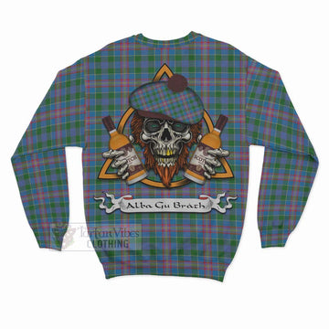 Ralston Tartan Sweatshirt with Family Crest and Bearded Skull Holding Bottles of Whiskey