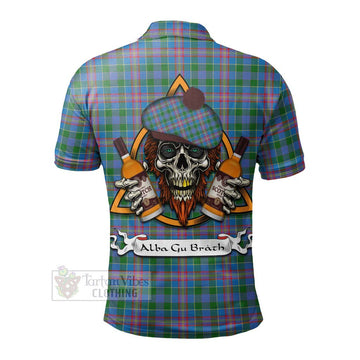 Ralston Tartan Polo Shirt with Family Crest and Bearded Skull Holding Bottles of Whiskey