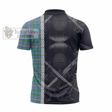 Ralston Tartan Zipper Polo Shirt with Family Crest Cross Sword Thistle Celtic Vibes