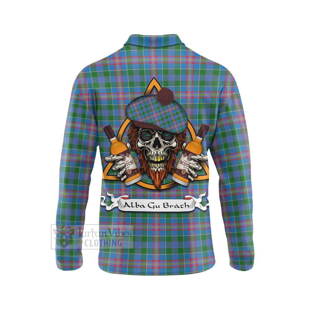 Tartan Vibes Clothing Ralston Tartan Long Sleeve Polo Shirt with Family Crest and Bearded Skull Holding Bottles of Whiskey