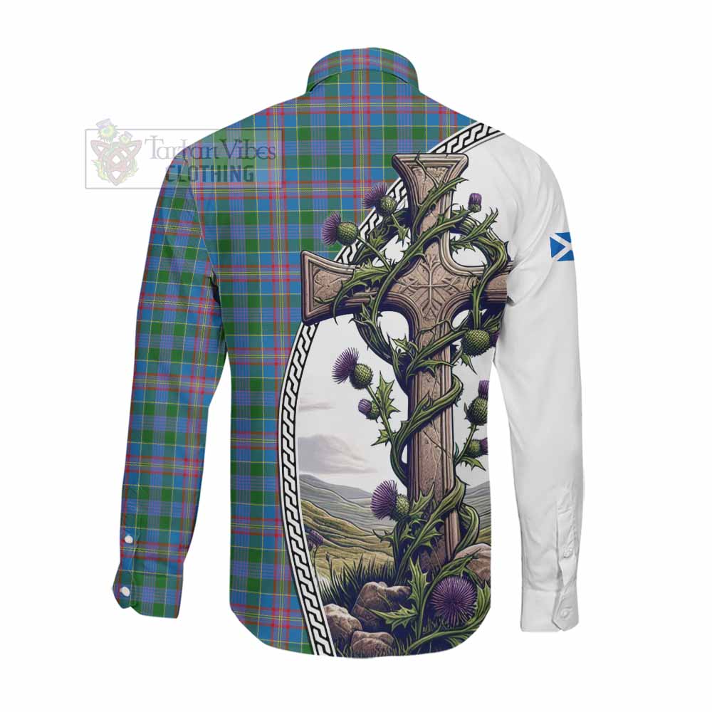 Tartan Vibes Clothing Ralston Tartan Long Sleeve Button Shirt with Family Crest and St. Andrew's Cross Accented by Thistle Vines