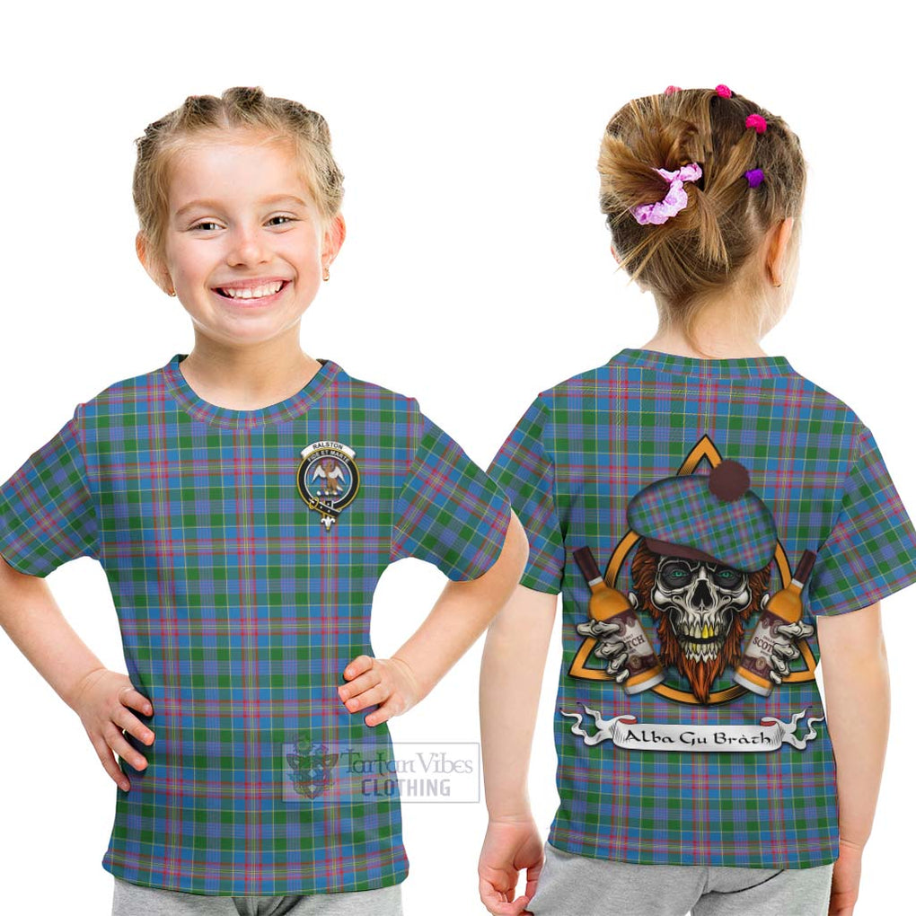 Tartan Vibes Clothing Ralston Tartan Kid T-Shirt with Family Crest and Bearded Skull Holding Bottles of Whiskey