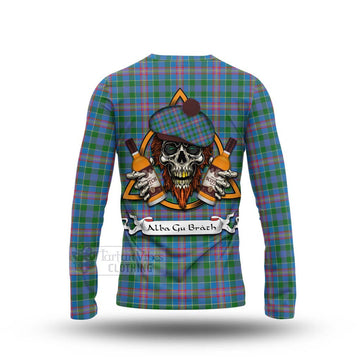 Ralston Tartan Long Sleeve T-Shirt with Family Crest and Bearded Skull Holding Bottles of Whiskey