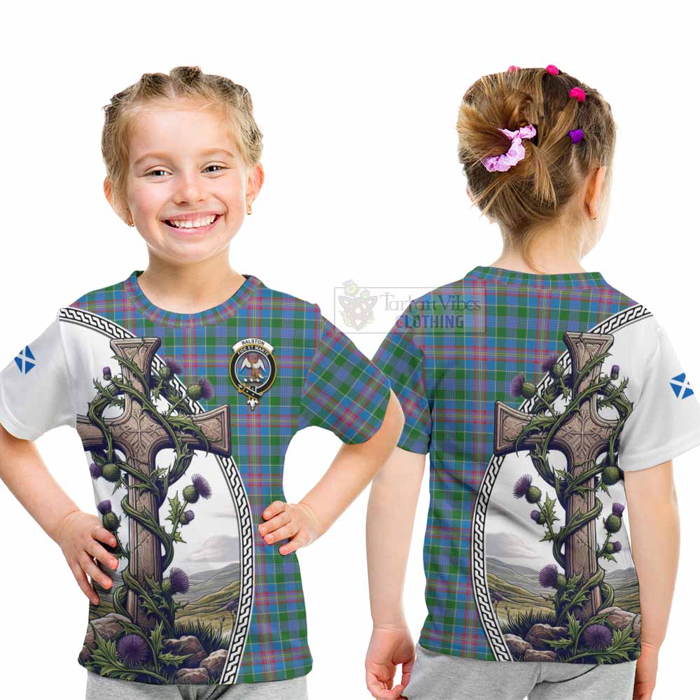 Tartan Vibes Clothing Ralston Tartan Kid T-Shirt with Family Crest and St. Andrew's Cross Accented by Thistle Vines