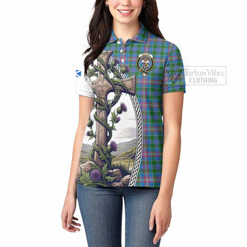 Ralston Tartan Women's Polo Shirt with Family Crest and St. Andrew's Cross Accented by Thistle Vines