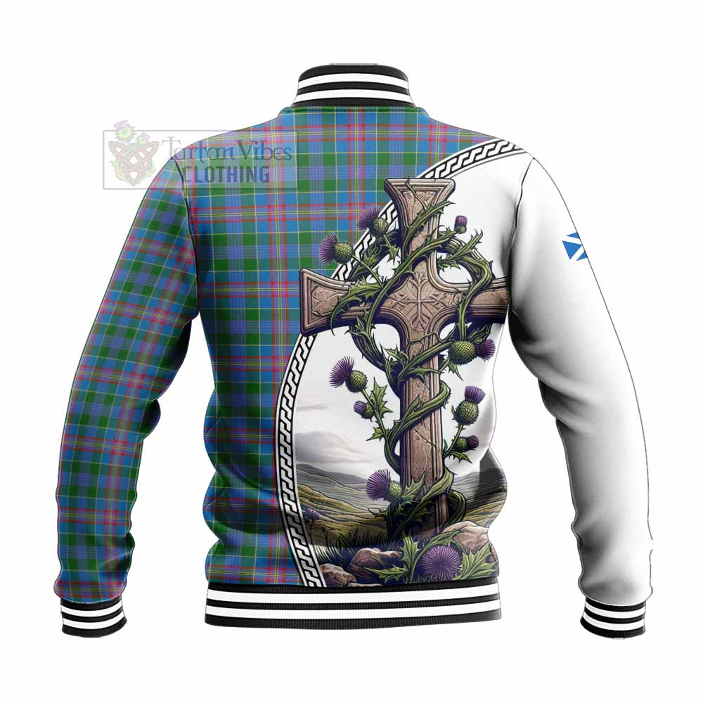 Tartan Vibes Clothing Ralston Tartan Baseball Jacket with Family Crest and St. Andrew's Cross Accented by Thistle Vines