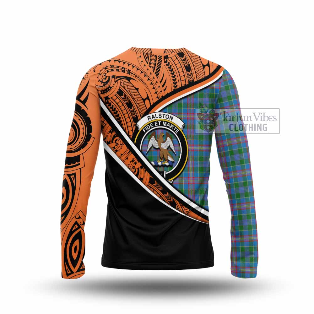 Tartan Vibes Clothing Ralston Crest Tartan Long Sleeve T-Shirt with Maori Tattoo Style - Orange Version