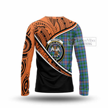 Ralston Crest Tartan Long Sleeve T-Shirt with Polynesian Vibes Style - Orange Version