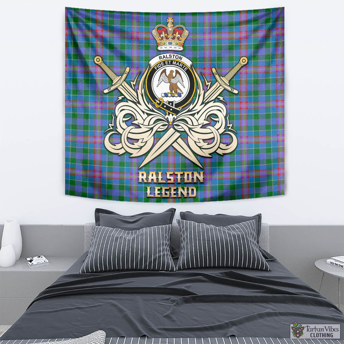 Tartan Vibes Clothing Ralston Tartan Tapestry with Clan Crest and the Golden Sword of Courageous Legacy