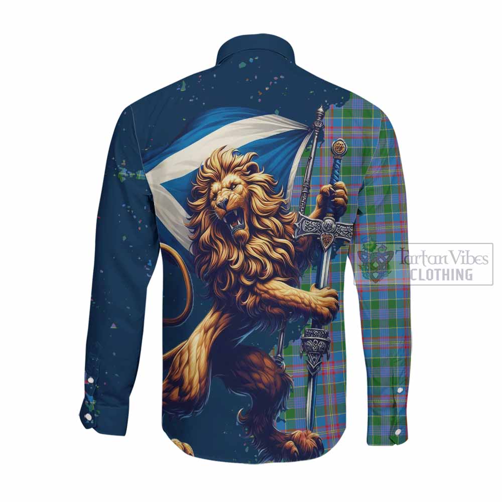 Tartan Vibes Clothing Ralston Tartan Family Crest Long Sleeve Button Shirt with Scottish Majestic Lion