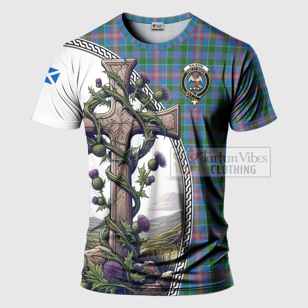 Tartan Vibes Clothing Ralston Agnew Tartan T-Shirt with Family Crest and St. Andrew's Cross Accented by Thistle Vines